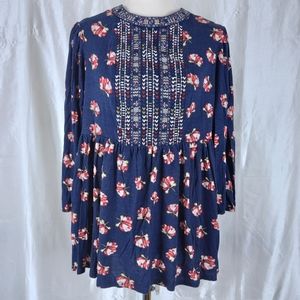 OS Women's 3/4 Of Sleeve Mandarin Collar Shirt Empire Waist Peplum Blouse Large